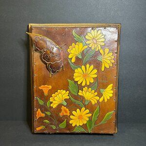 Vintage Unique Hand Tooled Leather Floral & 3D Butterfly Wooden Plaque Wall Art